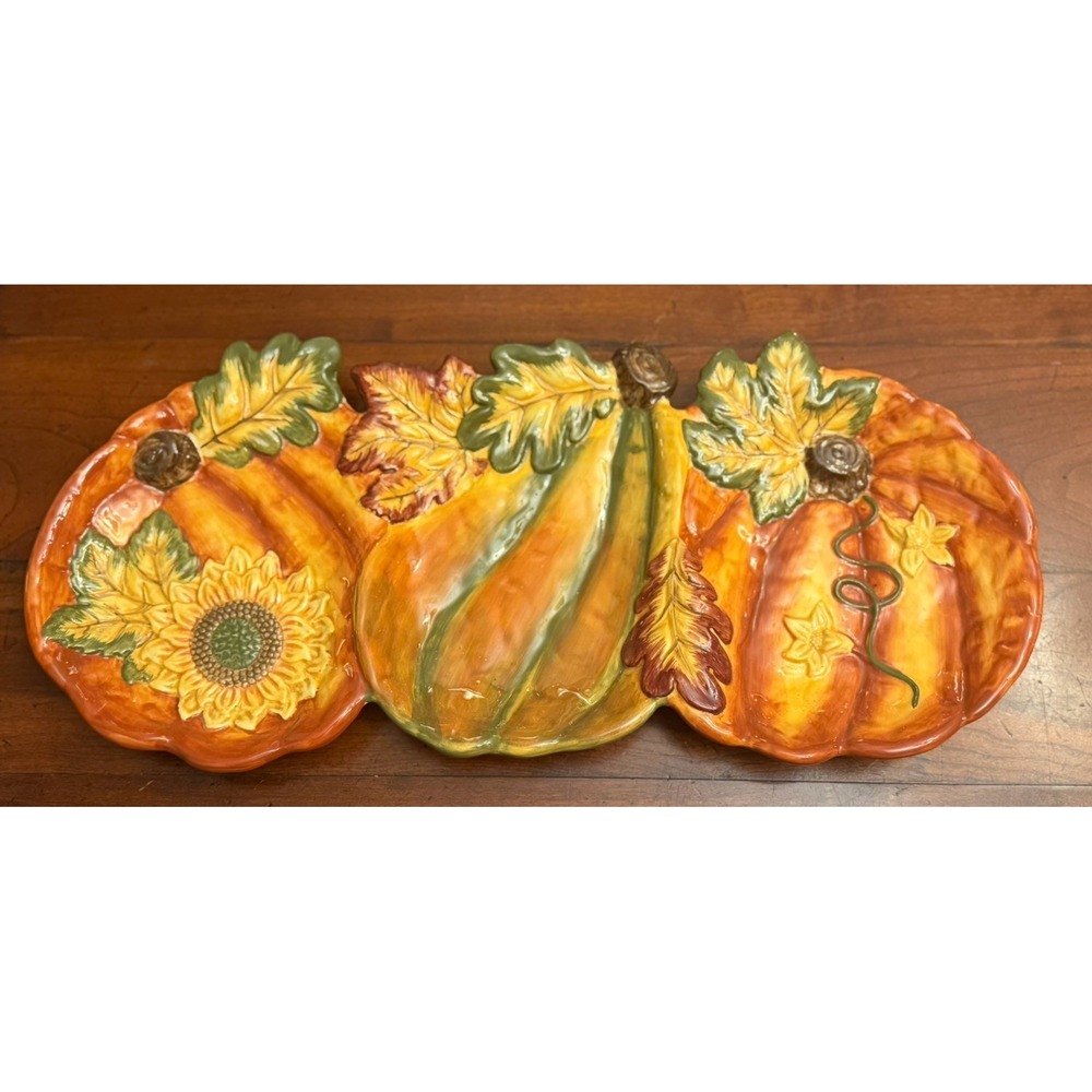 Burton & Burton 18" Fall Ceramic Pumpkin Serving Platter Embossed Sunflower Tray